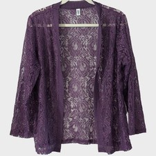 Sheer Lace Kimono Cardigan Large Purple Floral Open Front Cover Up Boho Romantic