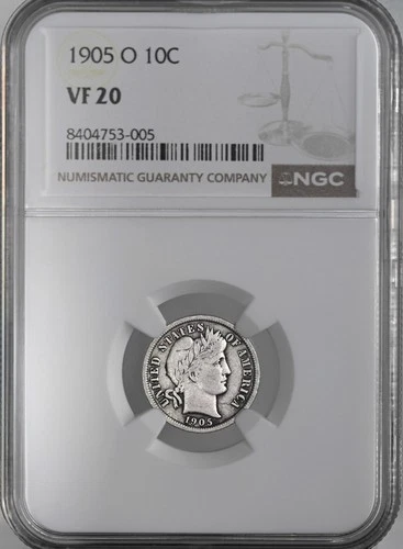1905-O 10C BARBER SILVER DIME  "NEW ORLEANS"  NGC VF20  8404753-005
