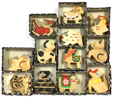 Rare Japanese 12 Zodiac Animals Wood Carvings Hand Painted with Original Boxes