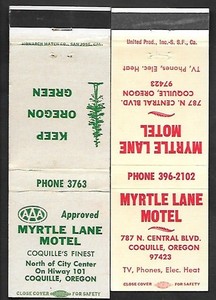 Myrtle Lane Motel on US Highway 101 in Coquille, Oregon, 2 FS Matchcovers