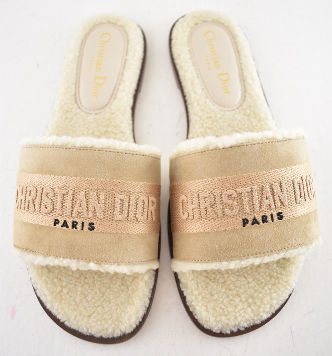 Christian Dior Dway Beige Suede Embroidered Logo Shearling Slide