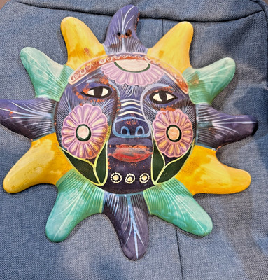 Mexican Style Sun Art Wall hanging Painted Terra Cotta yellow green purple Decor