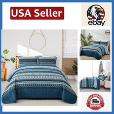 Vibrant Blue Striped King Quilt Set - Cozy 3-Piece Microfiber Bedding Collection