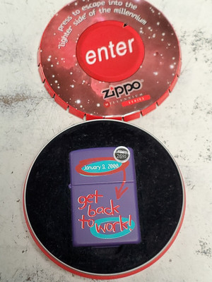Vintage Zippo 1999 Y2K Lighter Millennium Round Tin Box get back to work PURPLE