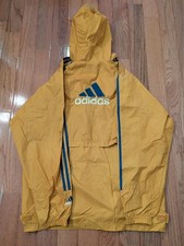 Vintage Adidas Jacket Mens Large Yellow Windbreaker Warm Up Striped Logo Hooded