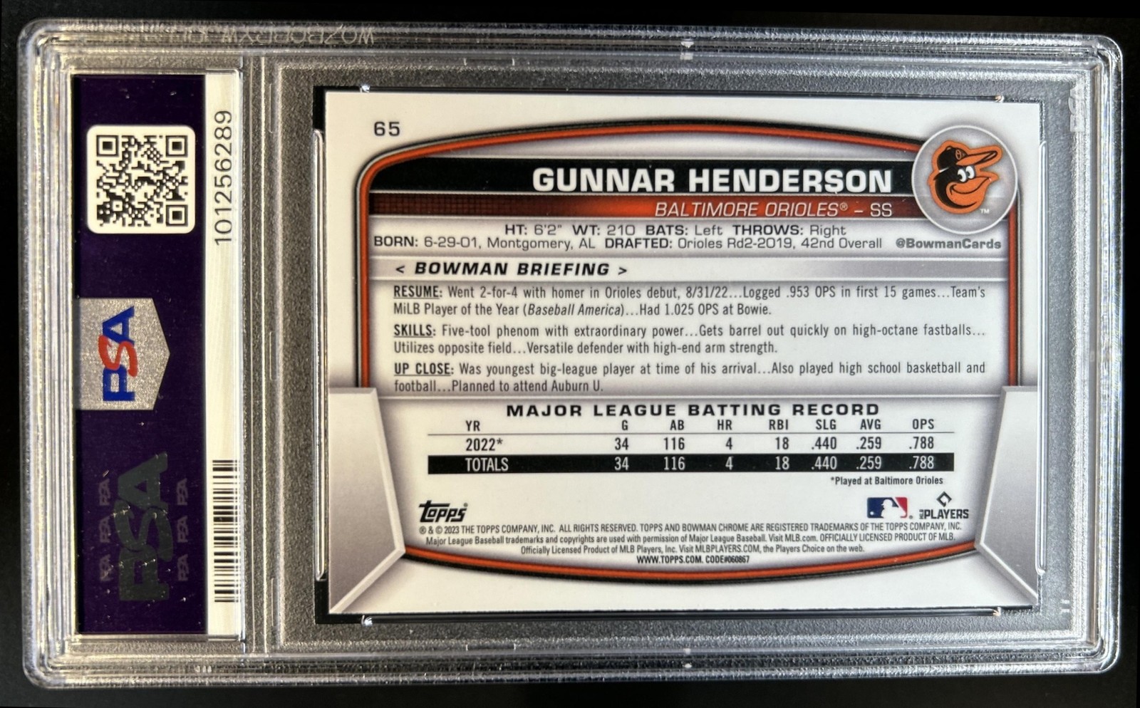 2023 Bowman Mega Box Gunnar Henderson RC Mojo Refractor Rookie #65 Orioles PSA 9 view 2