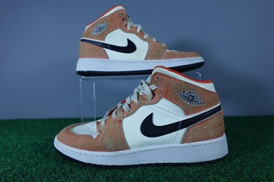 Air Jordan 1 Mid Shoes Youth Size 5.5Y White Orange Suede DV1336
