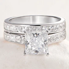 Engagement Wedding Ring Sets for Women Sterling Silver 2Carat Princess Cut CZ