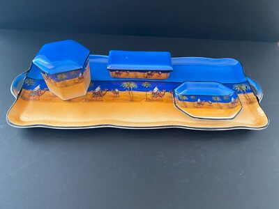 Altes Schreibtisch Set aus Steingut mit orientalischem Dekor / 50er Jahre