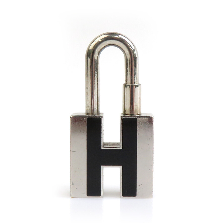 Auth HERMES H Logo Cadena Charm Silver/Black Metal/Enamel