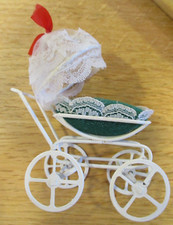 VTG Miniature Enameled Metal Pram Baby Carriage Stroller Dollhouse White Lace