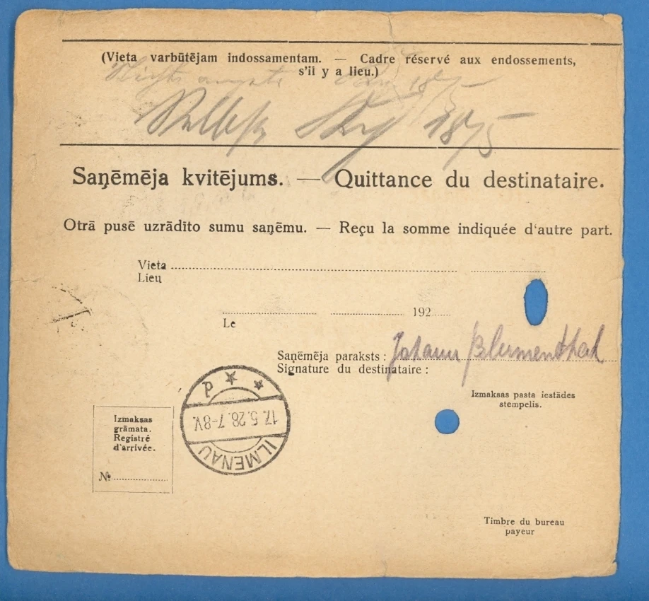 1928 LATVIA PARCEL POST COVER CANCEL LEEPAJA TO ILMENAU 1094 - Image 2 of 2