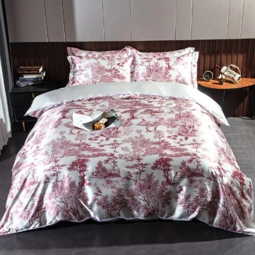 Juego de cama de seda natural con impresión de lujo juego de funda de edredón funda nórdica sábana plana Foto 3 de 4