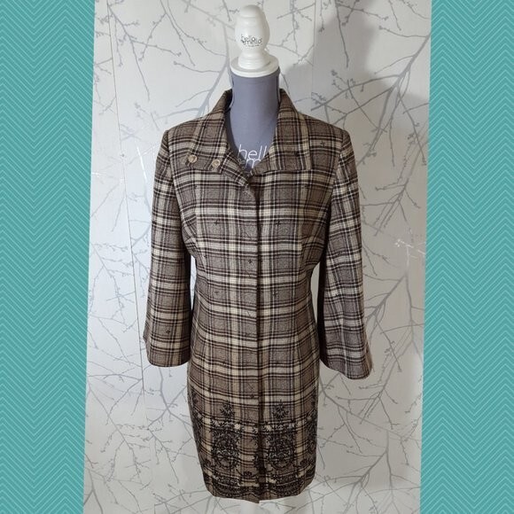 Due Per Due Beige Plaid Checks Floral Embroidered Button Front Coat | Women's 12