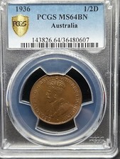 Australia 1936  HALF PENNY  PCGS Graded MS64 BN