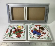 2 Vtg JASCO Ceramic Hanging Christmas Tile Trivets, Cute Boy/Girl NEW Pair Set