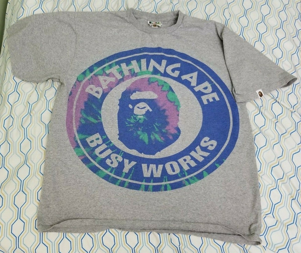 BAPE T Shirt Gray Blue Short Sleeve A Bathing Ape Busy Works Logo