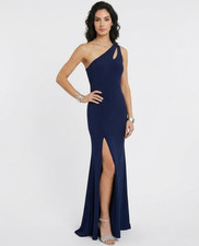 Elegant Navy One Shoulder Gown Slit Formal Dress Prom Wedding Guest Size 4