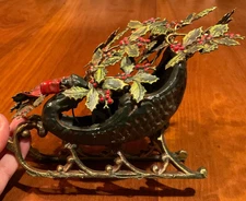 Vintage Cast Iron Christmas Sleigh with Metal Holly Berries Bow  Candle Holder