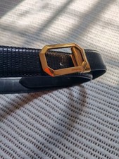 Chanel Vintage 90s Lizard Leather Belt Octagon Buckle Gold Tone Black Rare Item