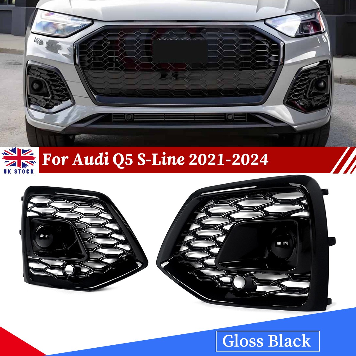GLOSS BLACK FRONT BUMPER FOG LIGHT GRILLE COVER FOR AUDI Q5 S-LINE 2021-2024