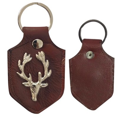 Scottish Silver Stag Head Keychain Brown Leather Highland Gift Key Ring