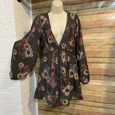 Free People Farren Tunic Dress Medium Brown Floral Boho Sheer Long Sleeve Mini