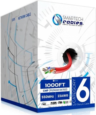 Cat6 Plenum Rated Bulk Ethernet Cable, 1000ft   10Gbps, 550MHz, 23AWG UTP