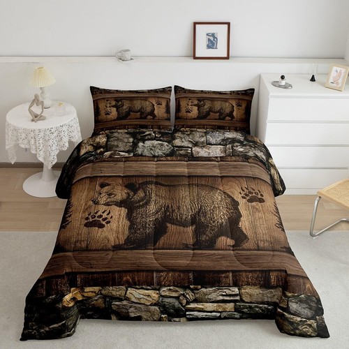 Hunting Bear Comforter Set King Jungle Wild Animal Bedding Sets Brown Vintage...