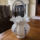 Fenton Milk Glass Silver Crest Elizabeth Basket Hand Painted Blue Flowers Signed