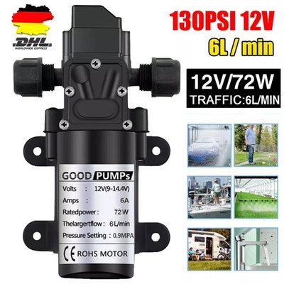 Membranpumpe, 12V Wasserpumpe, 72W Sprühpumpe 6L/min,130PSI für Wohnmobil,Garten