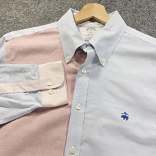 Brooks Brothers Shirt Mens Medium Blue Pink Regent Non Iron Oxford Stretch