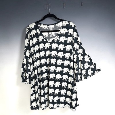 Elephant Print Tunic Top Plus 2XL Tiered Ruffle Bell Sleeve Coastal Boho USA