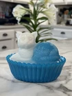 Vintage Westmoreland Milk Glass Blue And White Slag Glass Cat on Nest See Photos