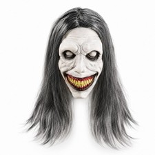 Scary Halloween Demon Mask with Long Hair, Latex Horror Mask for Adults