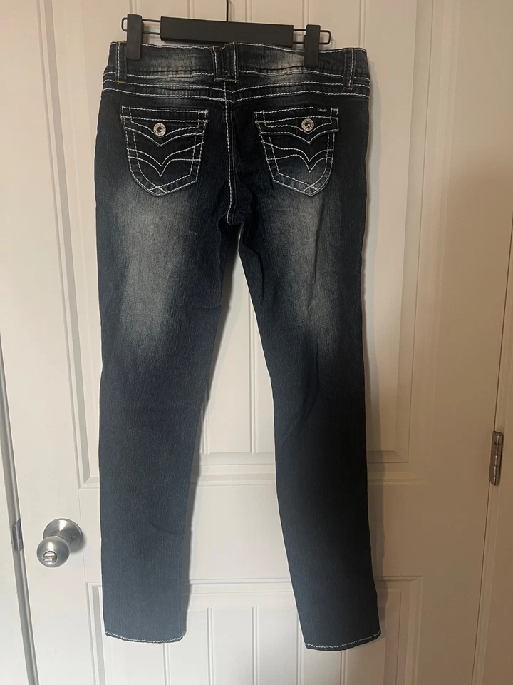 Jeans Angels Junior Talla 7 Oscuro Tiro Bajo Envejecido Ajustado Denim 29" Entrepierna Foto 4 de 4