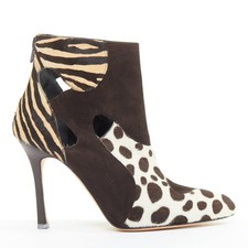 BRIAN ATWOOD Camoscio brown suede calf hair multi animal cut out booties EU38.5