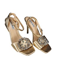 Charles David Rose Gold High Heel Sandal Square Toe Rhinestones Leather