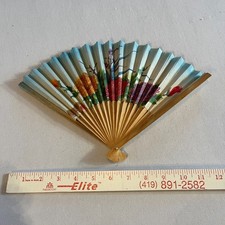 Vintage Wooden Paper Hand Fan Fold Up 1950-1960s Floral China Taiwan