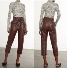 Commando Womens High Rise Faux Leather Paperbag Tie Waist Pants Brown Size Large