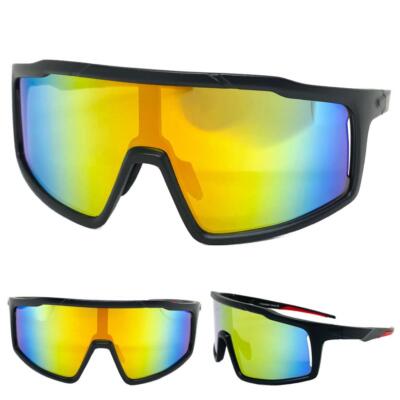 OVERSIZED SPORTY WRAP AROUND Biker Cycling Shield SUNGLASSES Large Black Frame