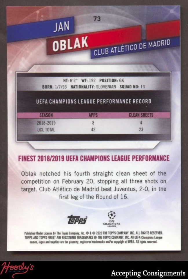 2019-20 Finest UEFA Champions League Purple Refractors Jan Oblak 084/250 Madrid - Image 2 of 2