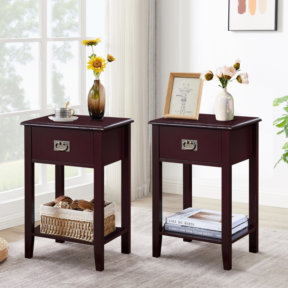 Nightstands Bedroom Bedside Table Vintage Wooden End Side with Drawers ...