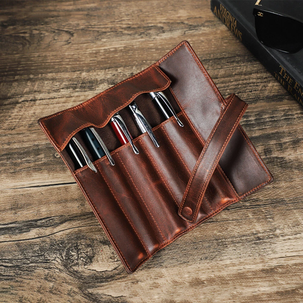 Genuine Leather Roll Up Pencil Case Wrap Pen Holder Bag Stationery Storage Pouch