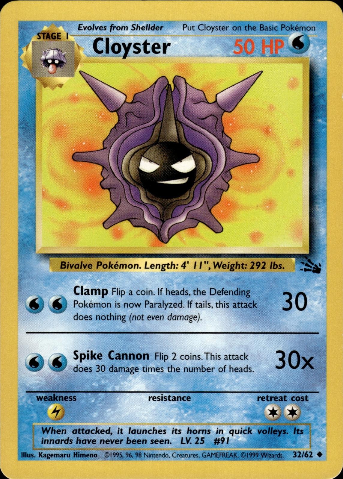 Pokemon Fossil Uncommon Cloyster 32/62 - Near Mint (NM)