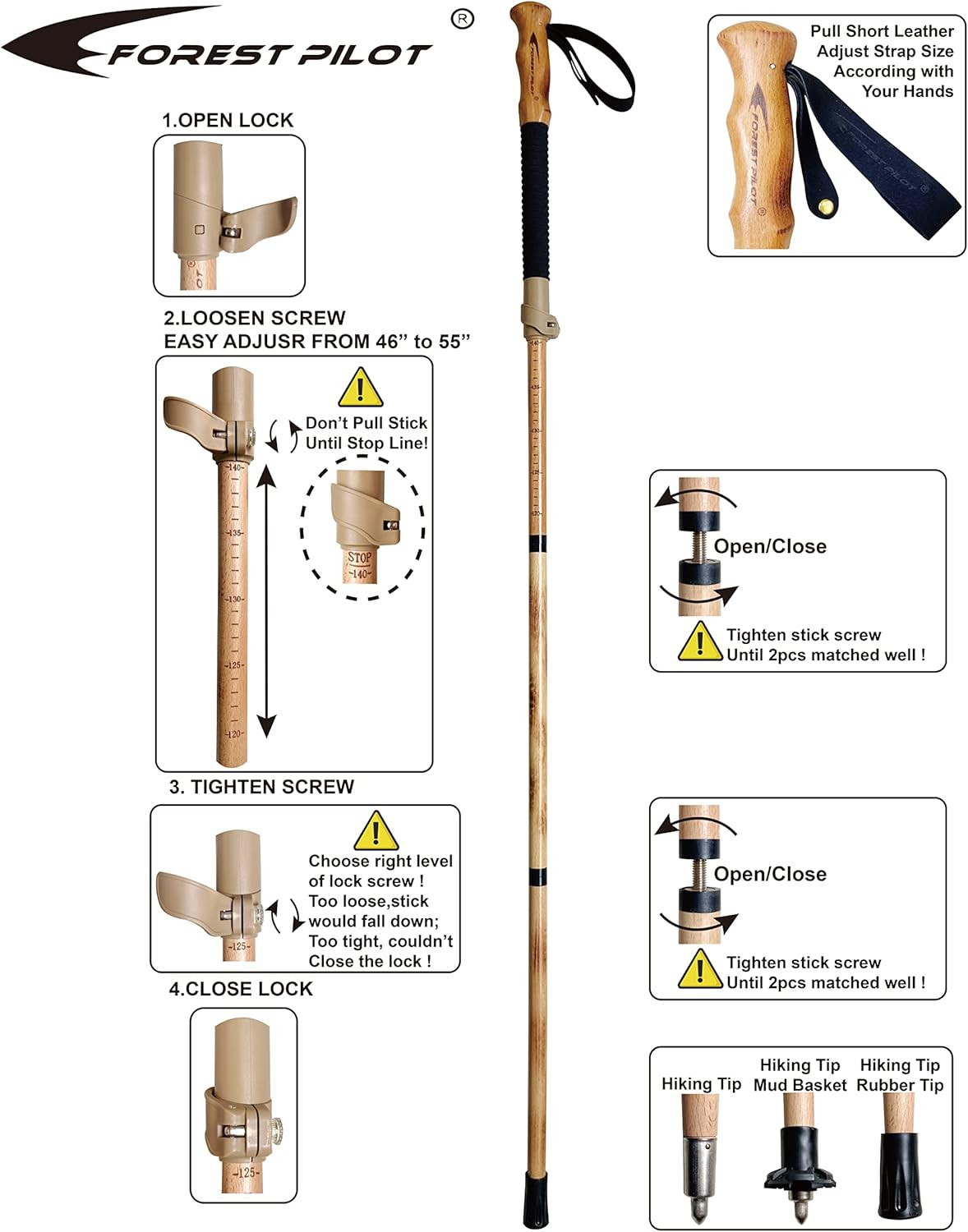Trekking Poles- 1-Pc Pack - Adjustable Hiking or Walking Stick –Strong, Natural 