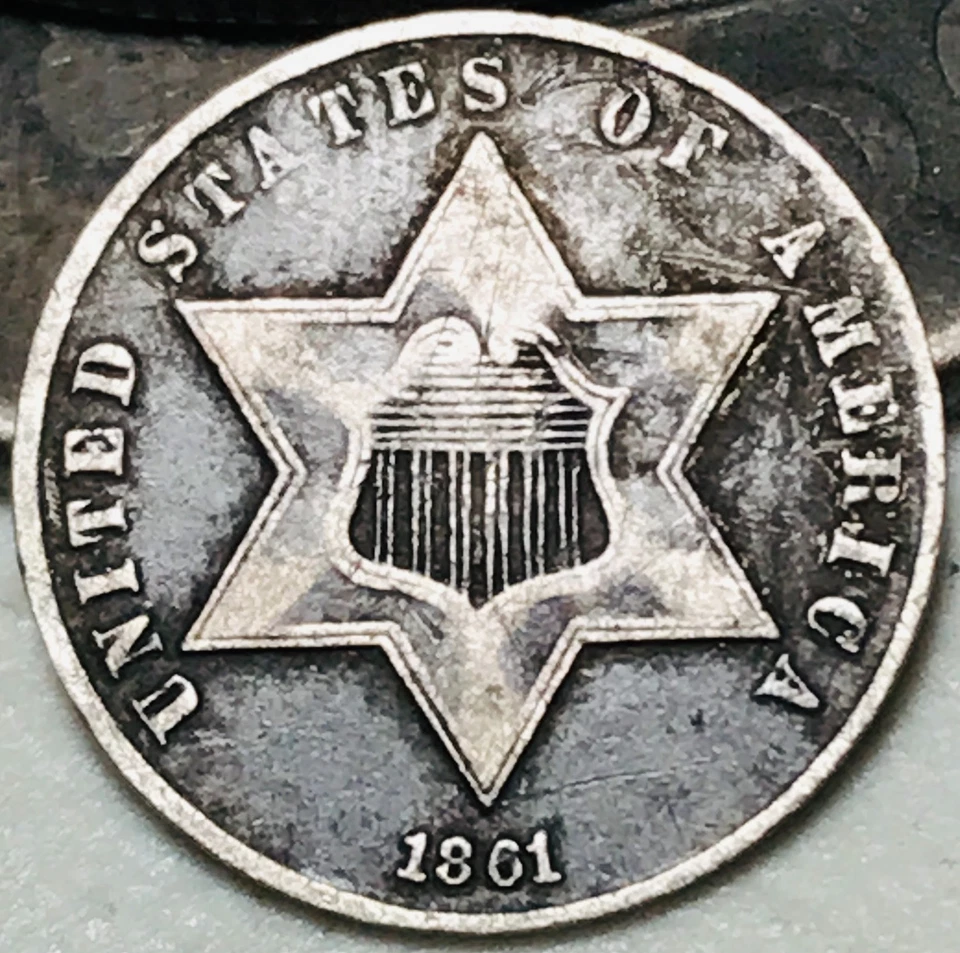 Серебряная монета США 1861 три цента отделка 3c тип 3 ДАТА ГРАЖДАНСКОЙ ВОЙНЫ CC28087 - Изображение 3 из 4