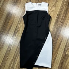 Tommy Hilfiger Asymmetric Sheath Dress Size 8 White/Black Buttons Scuba Knit