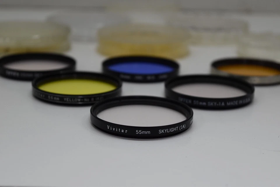 Lot of 6 55mm Lens Filters Tiffen Vivitar Skylight Yellow Blue Orange Sky 1A - Image 3 of 4