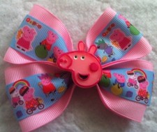 Girls Hair Bow 4" Wide Cartoon Pig Friends Pink Grosgrain Ribbon AlligatorClip